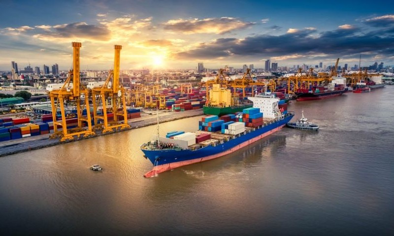 Ship in Global sea showing Supply chain management